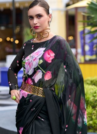 Black Georgette Print Work Classic Saree for Casual