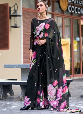 Black Georgette Print Work Classic Saree for Casual