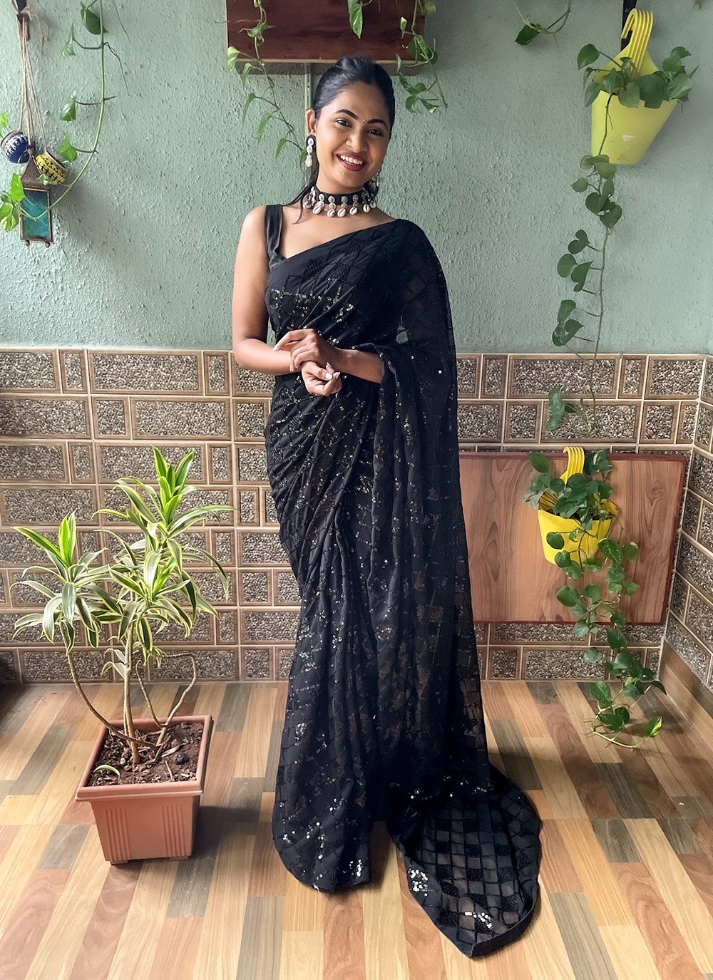 Buy Black Saree With Swarovski Embellishments And Unstitched Blouse Piece