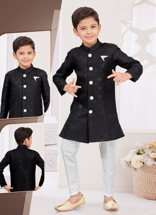 Black Jacquard Buttons, Fancy and Thread Work Sherwani Kids Wear