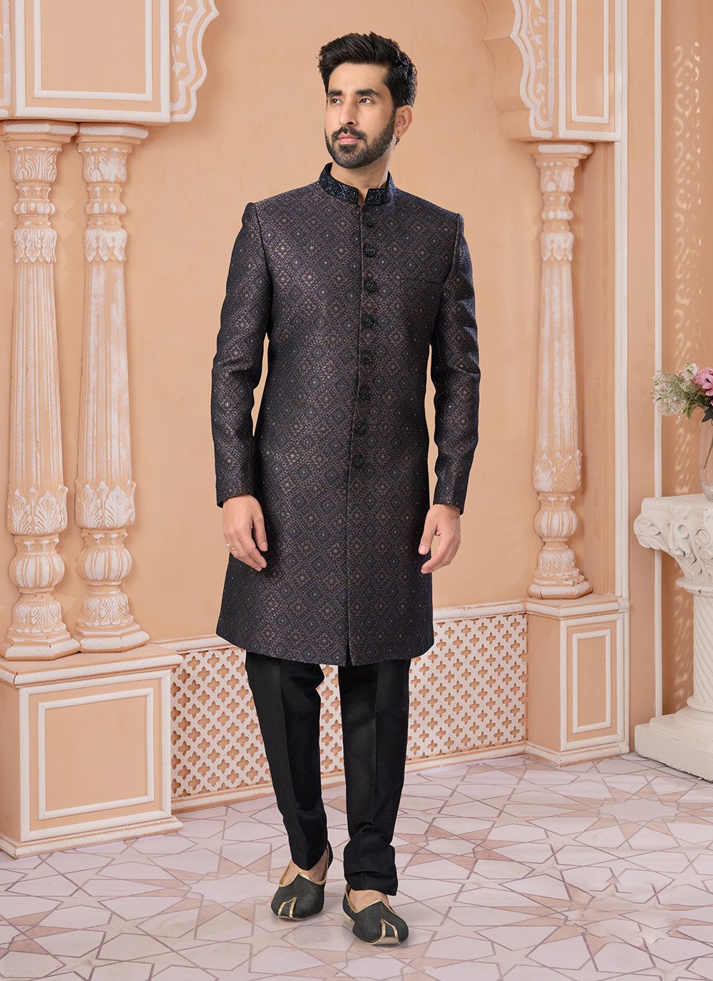 Black Jacquard Embroidered Fancy and Thread Work Indo Western Sherwani