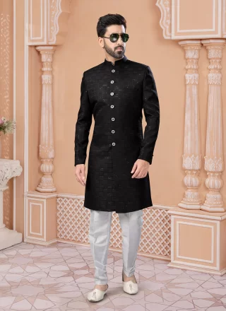 Black Jacquard Embroidered, Sequins and Thread Work Indo Western Sherwani