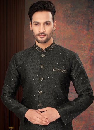 Black Jacquard Fancy and Thread Work Indo Western for Men