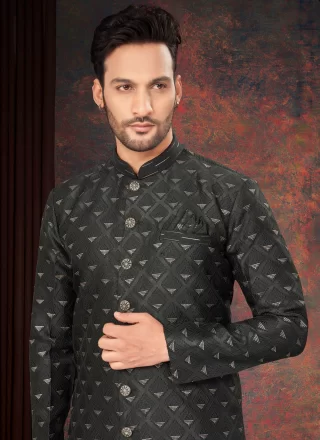 Black Jacquard Indo Western with Fancy and Thread Work for Men