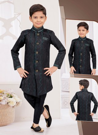 Black Jacquard Sherwani Kids Wear