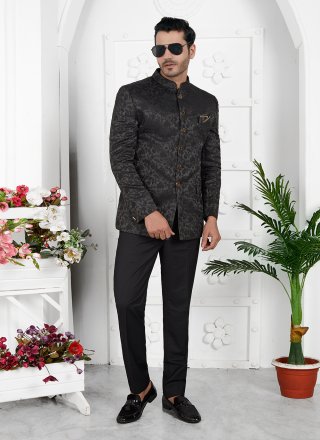 Black Jacquard Silk Buttons and Fancy Work Jacket Style for Ceremonial