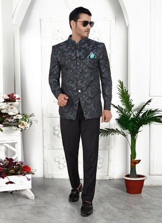 Black Jacquard Silk Buttons and Fancy Work Jacket Style for Men