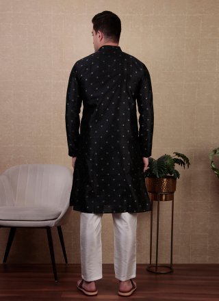 Black Jacquard Silk Embroidered, Mirror and Woven Work Kurta Pyjama for Men