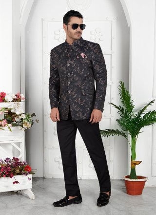 Black Jacquard Silk Fancy Work Jacket Style