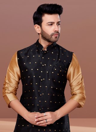Black Jacquard Silk Jacquard Work Nehru Jackets
