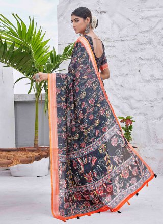 Black Linen Digital Print Work Classic Saree