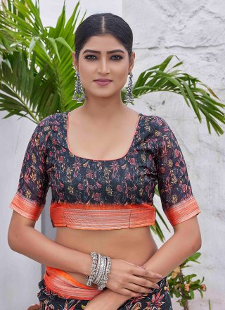 Black Linen Digital Print Work Classic Saree