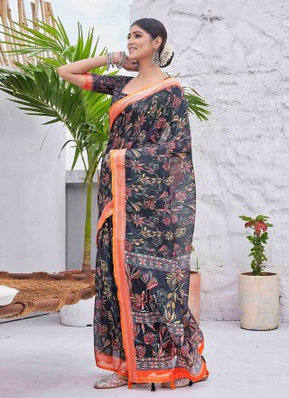 Black Linen Digital Print Work Classic Saree
