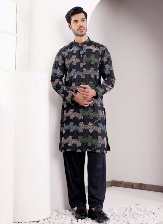 Black Linen Kurta Pyjama with Embroidered Work