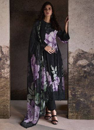 Black Muslin Digital Print Work Pant Style Suit for Ceremonial