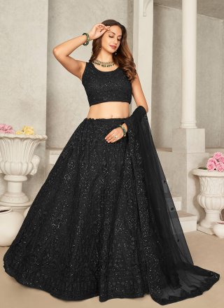 Black Net A - Line Lehenga Choli with Embroidered, Resham Thread and Sequins Work for Ceremonial