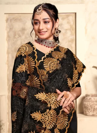 Black Net Classic Saree with Embroidered, Resham and Stone Work