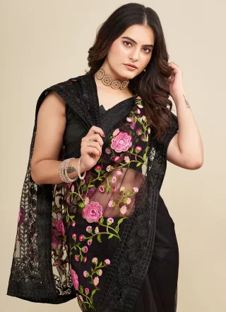 Black Net Classic Sari with Embroidered and Thread Work for Ceremonial