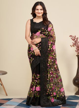 Black Net Classic Sari with Embroidered and Thread Work for Ceremonial