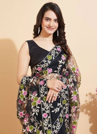 Black Net Contemporary Saree with Embroidered Work