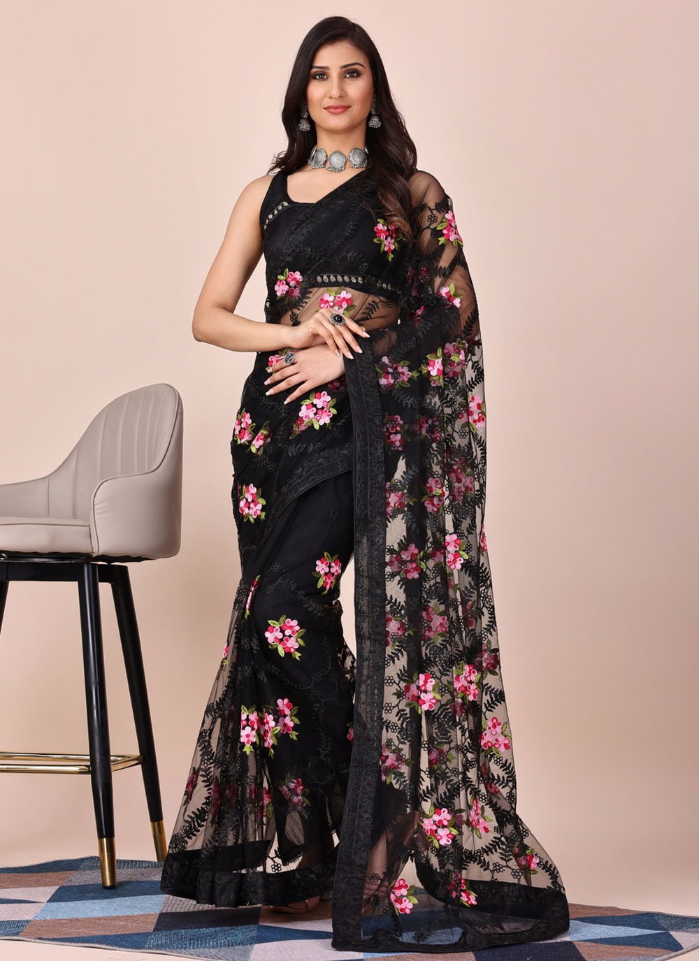 Shop Black Net Embroidered Work Classic Sari for Casual Online : 278976 