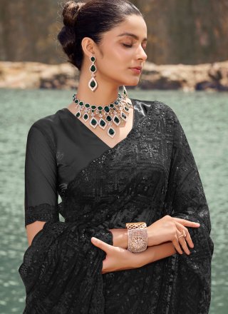 Black Net Sequins and Thread Work Traditional Saree for Women