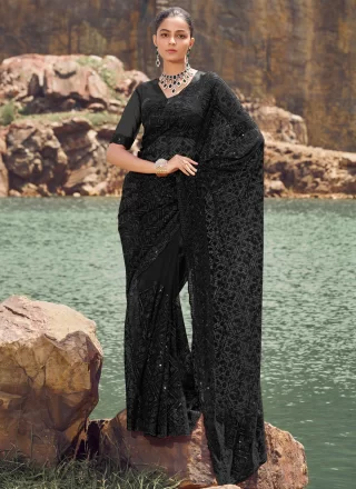 Black Net Sequins and Thread Work Traditional Saree for Women