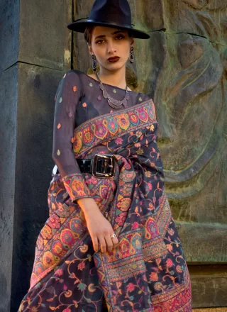 Black Organza Classic Sari with Weaving Work
