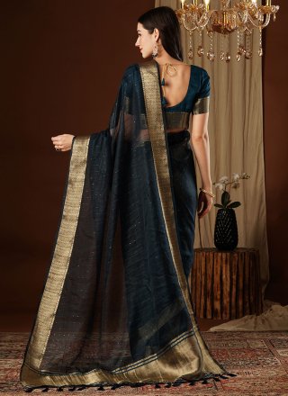 Black Organza Designer Sari with Weaving and Zari Work