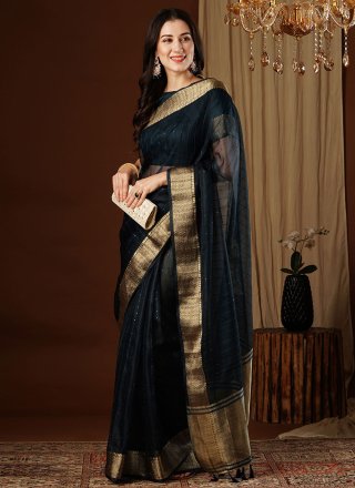 Black Organza Designer Sari with Weaving and Zari Work