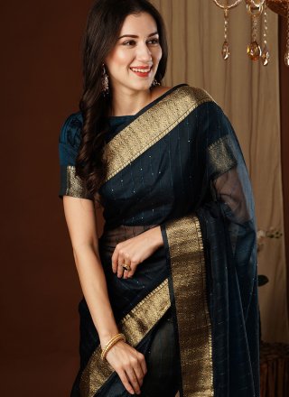 Black Organza Designer Sari with Weaving and Zari Work