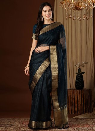 Black Organza Designer Sari with Weaving and Zari Work