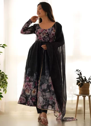 Black Organza Print Work Readymade Salwar Suit