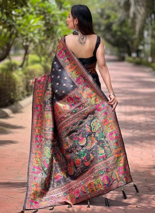 Black Pashmina Kashmiri, Meenakari and Woven Work Classic Saree for Women