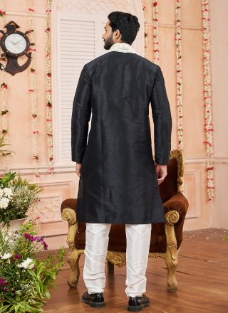 Black Plain Work Art Silk Kurta Pyjama
