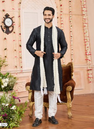 Black Plain Work Art Silk Kurta Pyjama