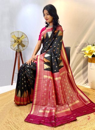 Black Print Work Silk Traditional Saree