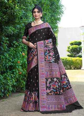 Black Pure Silk Designer Sari with Weaving Work for Ceremonial