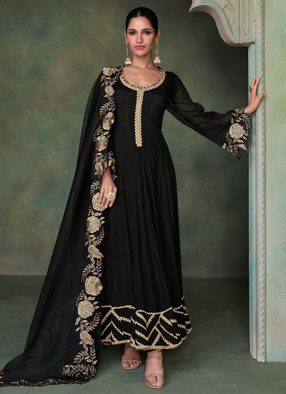 Buy Black Pure Silk Embroidered Work Indian Gown for Ceremonial 278341 Gown