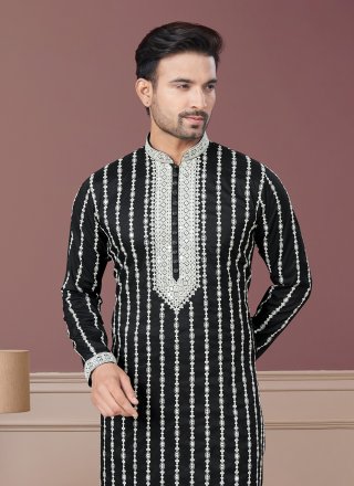 Black Pure Silk Kurta Pyjama with Embroidered and Sequins Work for Ceremonial
