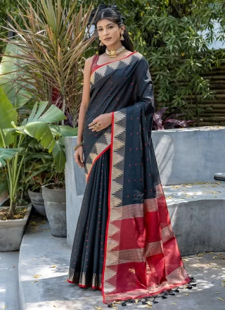 Black Raw Silk Classic Saree with Woven Work for Women