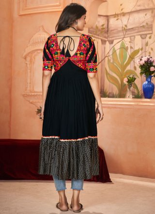 Black Rayon Embroidered, Mirror and Print Work Casual Kurti