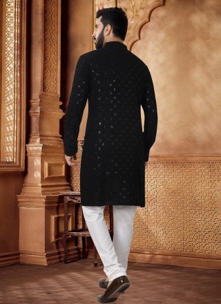 Black Rayon Embroidered, Sequins and Thread Work Kurta Pyjama for Ceremonial