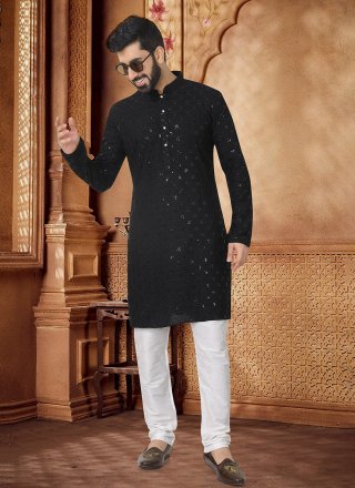Black Rayon Embroidered, Sequins and Thread Work Kurta Pyjama for Ceremonial