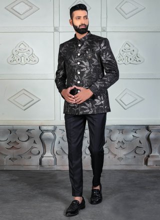 Black Rayon Jacquard Work Jodhpuri Suit for Ceremonial