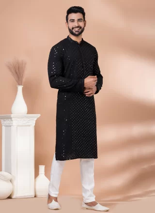Black Rayon Kurta Pyjama with Embroidered and Sequins Work for Men