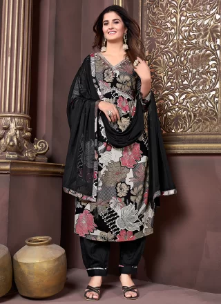 Black Rayon Print Work Salwar Suit for Ceremonial