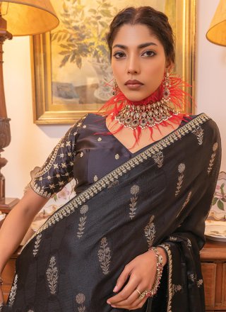 Black Satin Embroidered Work Trendy Saree for Women