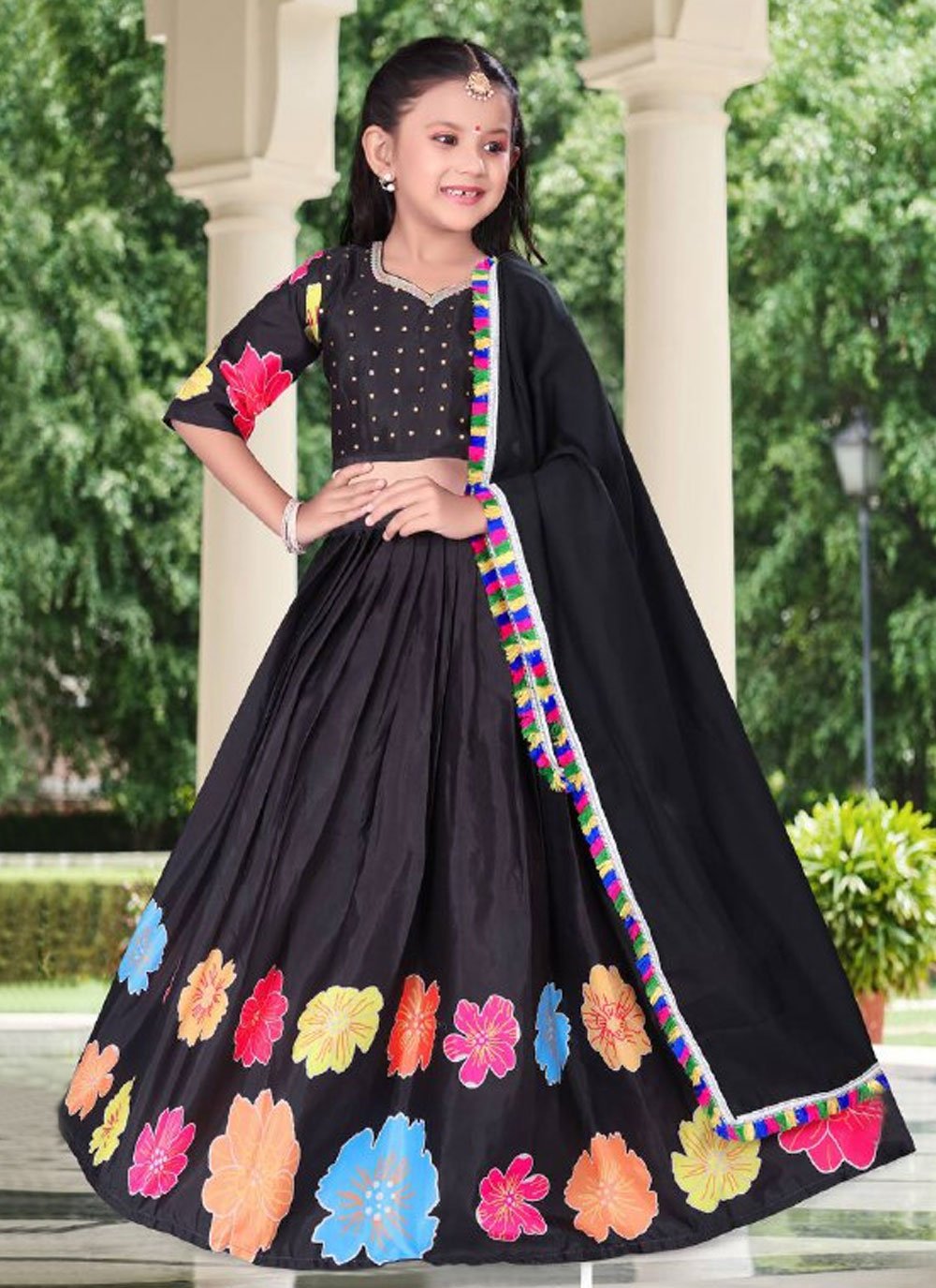 Shop Online Black Satin Lehenga Choli with Print Work for Kid 295595 Kids Wear