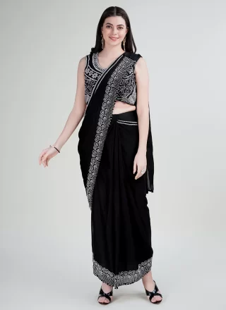 Black Satin Silk Beads and Stone Work Trendy Saree